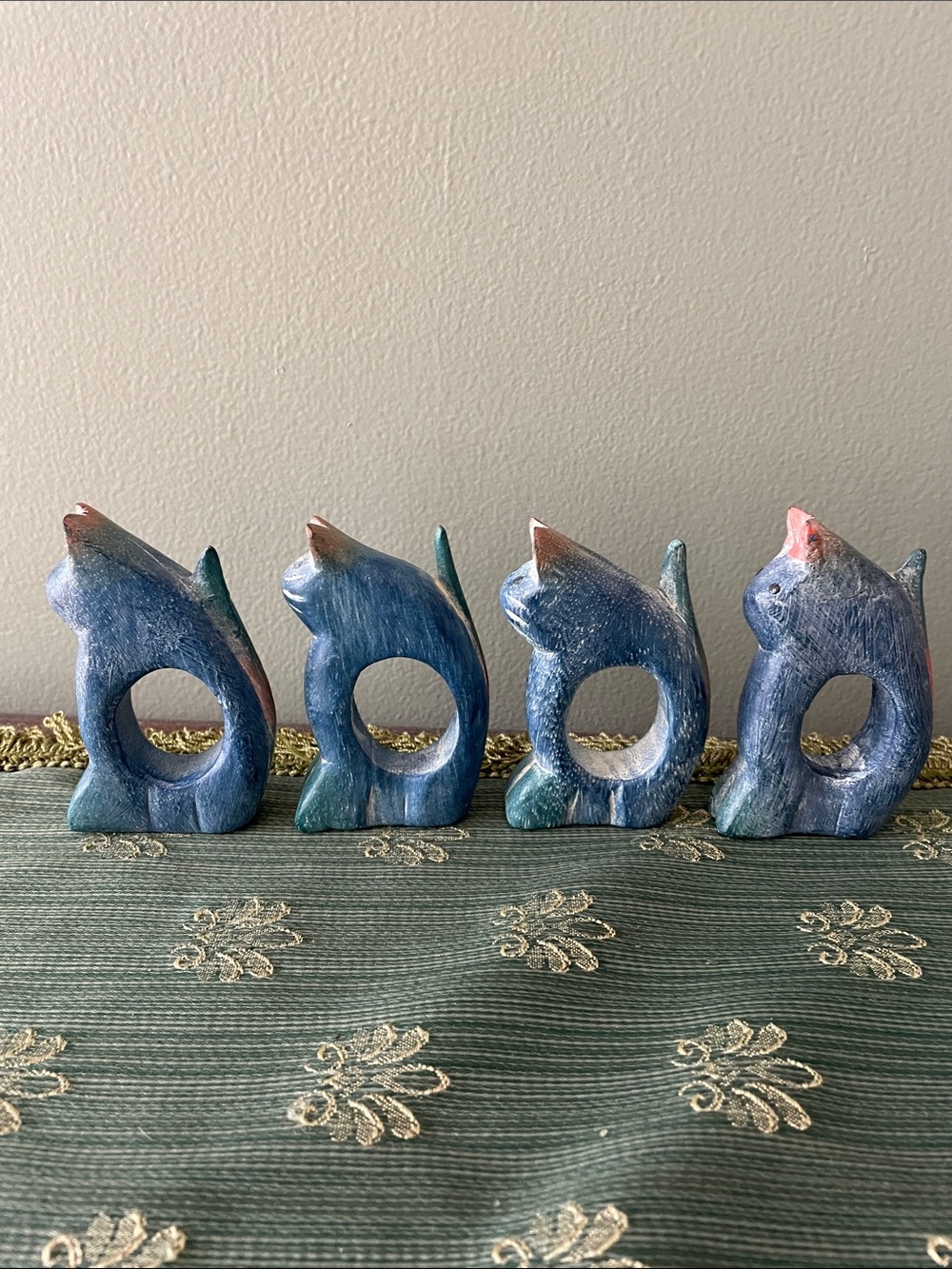Blue Hand-Carved Cat Napkin Rings - Set of 4